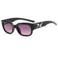 Gafas de sol retro con montura negra pequeña, lentes moradas y detalles plateados - Montura Negra Lente Púrpura Degradado