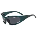 Futuristische dunkelgrüne Sport-Sonnenbrille mit fließendem Metallrahmen und grauen Gläsern - Grüner Rahmen Graue Linsen