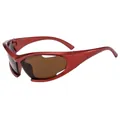 Sportliche Sonnenbrille im Cyberpunk-Stil mit dunkelrotem Metallrahmen und Wrap-Design - Weinroter Rahmen Braune Gläser