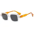 Modern square sunglasses with transparent frames and amber tortoise temples at 45-degree angle - Transparent Frame Tortoiseshell Temple Black Gray Lens