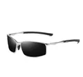 Men's square polarising sunglasses with silver metal frame and dark black lenses - Silver Frame Grey Lens