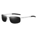 Sporty men's polarized sunglasses featuring silver metal frame and black rectangular lenses - Silver Frame Gray Lens
