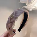 Franse luxe mesh hoofdband met fonkelende roosvormige bloem in champagnekleur - Roze Mesh Haarband