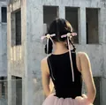 Pink ballet style ribbon hair clips with white rose detail on long fabric streamers - Pink