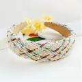 Detail of tweed headband with gold thread and non-slip brown velvet inner lining - Khaki Grid