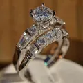 Ensemble de bagues de mariage avec solitaire rond et anneaux empilables en zircon - US 6 / Argent