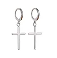 Detailed view of silver stainless steel polished hoop earrings with cross pendants - Silver