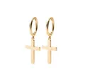 Polished golden cross dangle huggie earrings with reflective mirror finish in gold - Gold