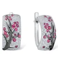 Detailed close-up of silver flower huggie earrings with pink crystals and black branches - Rose Red