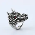 Macro detail of retro dragon head ring with engraved scales and red gemstone eye - US 8 / Antique Silver