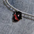 Cute black cat enamel pin with red scarf on denim background for fashion accessories - Black
