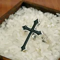 Macro shot of gothic cross ring with black enamel inlay on antique silver finish - Adjustable Open / Black Enamel Style