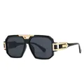 Fashionable square frame sunglasses with thick black frames and gold metal hollow decor - Black Frame / Gray Lens