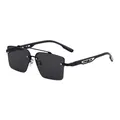Modern double bridge metal sunglasses for men with square black frames and half-rim design - Black Frame Grey Lens