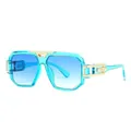 Retro square frame sunglasses with blue transparent frames and golden metal accents - Blue Transparent Frame / Gradient Blue Lenses