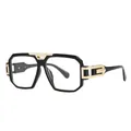Retro square oversized sunglasses in black and gold finish with metal rivet accents - Black Frame / Clear Plano Lenses