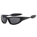 Sporty wrap-around black sunglasses with streamlined frames and silver wing accents - Bright Black Frame Black Lens (C1)