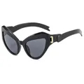 Fashionable black cat eye sunglasses with gold metal J decoration on side temples - Glossy Black Frame Grey Lens