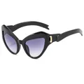 Cat eye sunglasses with black wavy frame, purple gradient lenses and gold metal accents - Glossy Black Frame Gradient Grey Lens