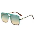 Green gradient square oversized sunglasses with gold metal accents and tortoiseshell tips - Green Leopard Frame Green Tea Lens