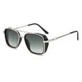Square punk metal sunglasses in silver and black with double bridge and gradient lenses - Silver Frame Gradient Green Lens