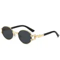 Retro punk oval sunglasses with gold metal frame and unique lightning bolt temple design - Gold Frame Grey Lens