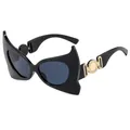 Modische schwarze Batwing-Cat-Eye-Sonnenbrille mit goldenen Metalldetails am Bügel - Schwarzer Rahmen Graue Gläser