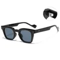 Classic square black frame sunglasses with blue-grey lenses and silver rivets for men - Glossy Black Frame Grey Lens