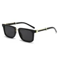 Modern square black sunglasses with gold metal accents and dark UV protective lenses - Shiny Black Frame Grey Lens (C1)