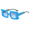 Blue oversized square sunglasses with honeycomb texture and purple gradient lenses - Blue Frame Gray Blue Lens