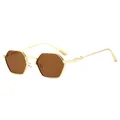 Retro golden metal sunglasses with hexagonal brown lenses and textured temple arms - Gold Frame Tea Lens