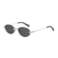 Retro rimless oval sunglasses with silver metal frames and gray lenses on white background - Silver Frame Grey Lens