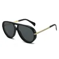 Retro pilot sunglasses with thick black frames and striped gold metal temples - Black Frame Black Grey Lens