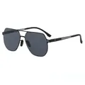 Matte black stainless steel geometric aviator sunglasses with hollow temples on white - Black Frame Grey Lens