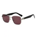Modern square metal sunglasses with silver frame and burgundy lenses shown from side angle - Silver Frame / Purple Red Lenses