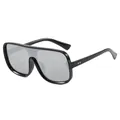 Modern black flat-top oversized sunglasses with dark grey lenses and gold accents - Black Frame Silver Mirrored Lens