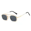 Retro-Sonnenbrille mit polygonalem Doppelsteg, Goldmetallrahmen und grauen Gläsern - Weißgold Rahmen Graue Gläser