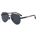 Classic matte black aviator sunglasses with double bridge metal frame and grey lenses - Black Frame Grey Lens