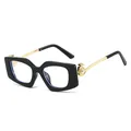 Square frame sunglasses with pearl accents and golden metal temples on white background - C9 Black Frame Clear Lens