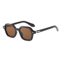 Lunettes de soleil rétro carrées noires avec verres bruns et rivets argentés de haute qualité - Monture Noire Verres Thé