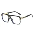Retro square black sunglasses with gold metal temples and blue light blocking lenses - Black Frame Clear Lenses