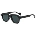 Retro square frame sunglasses with black thick rims and silver rivets in 45-degree view - Black Frame Gray Lens Sunglasses