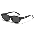 Fashionable black oval cat-eye sunglasses with silver metal temples on white background - Black Frame Black Grey Lens