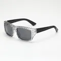 Fashion 3D geometric carved sunglasses with transparent frames and dark grey lenses - Transparent Grey