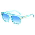 Modern square blue transparent sunglasses with gold metal accents in a 45-degree view - Transparent Blue Frame Gradient Blue Lens