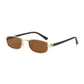 Vintage gold metal rectangle sunglasses with dark brown lenses and tricolor temple detail - Gold Frame Brown Lens