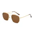 Double bridge polygonal metal sunglasses with gold frame and brown lenses on white background - Regular / Gold Frame Brown Lens