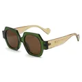 Lunettes de soleil polygonales surdimensionnées avec monture verte et verres bruns, vue de 3/4 - Monture Vert Olive Branche Orange Verres Thé