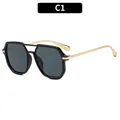 Square fashion sunglasses with black geometric frame, double bridge, and gold metal temples - Black Frame Grey Lens (C1)