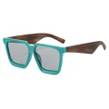 Modische quadratische Sonnenbrille mit blaugrünem Rahmen und braunen Bügeln in Holzoptik - Grüner Rahmen Graue Gläser